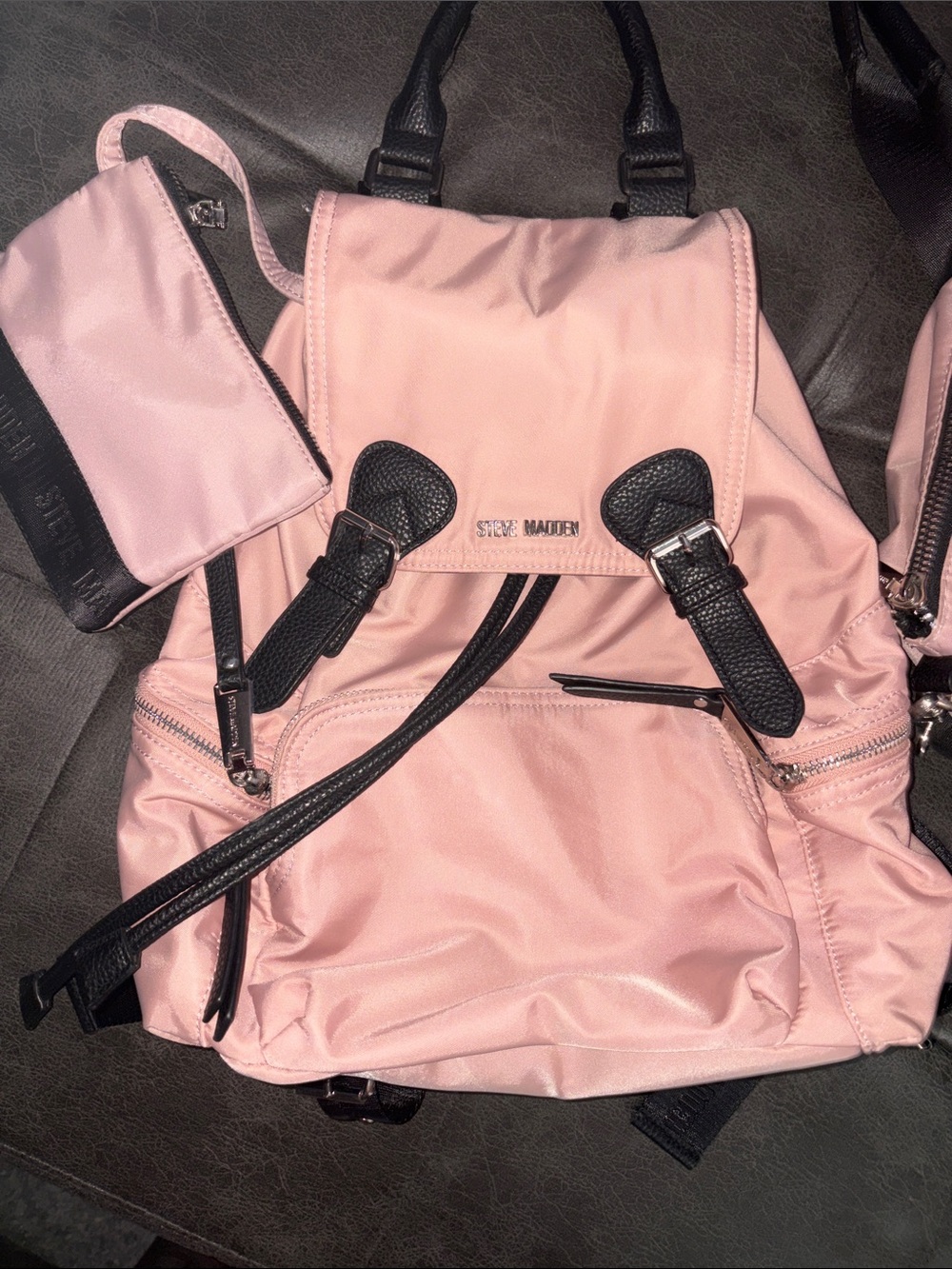 Steve Madden Pink Backpack with Black Trim and Buckle Details